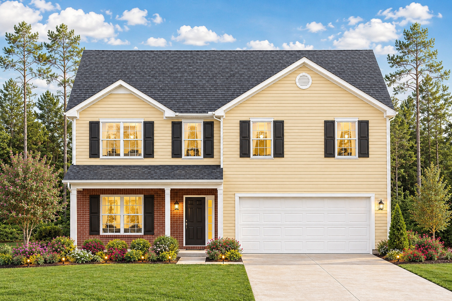 The James two-story home with yellow siding, black shutters, and brick accents at dusk