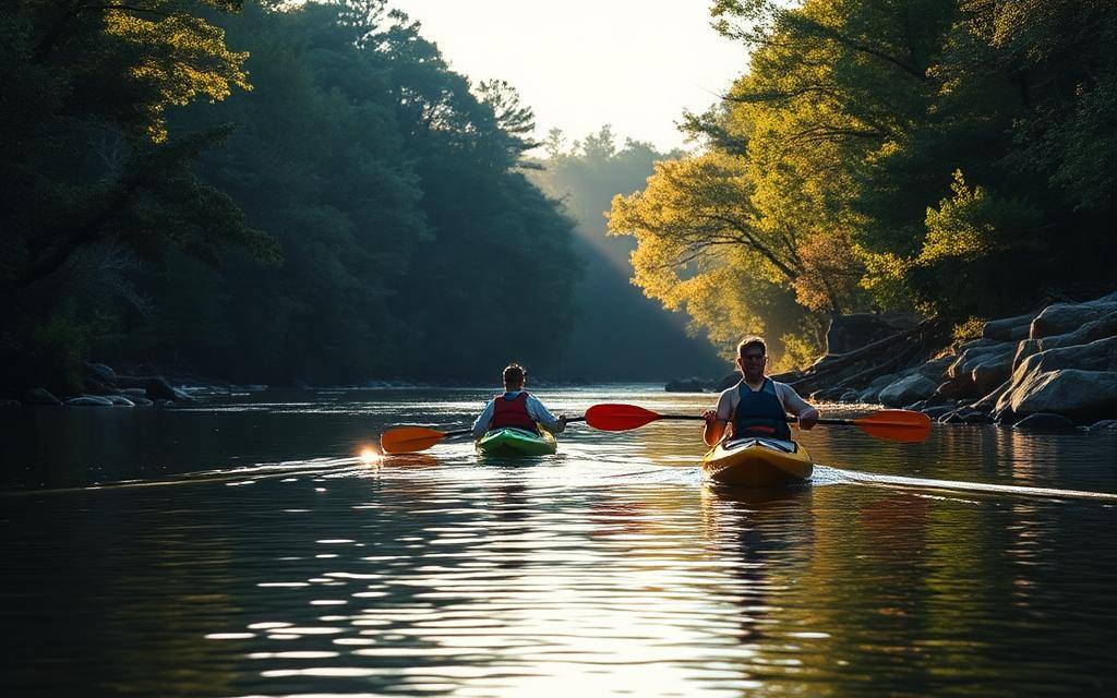 Two kayakers paddling on the calm Dan River in the North Carolina Piedmont, framed by hardwood forested banks and rocky shoals