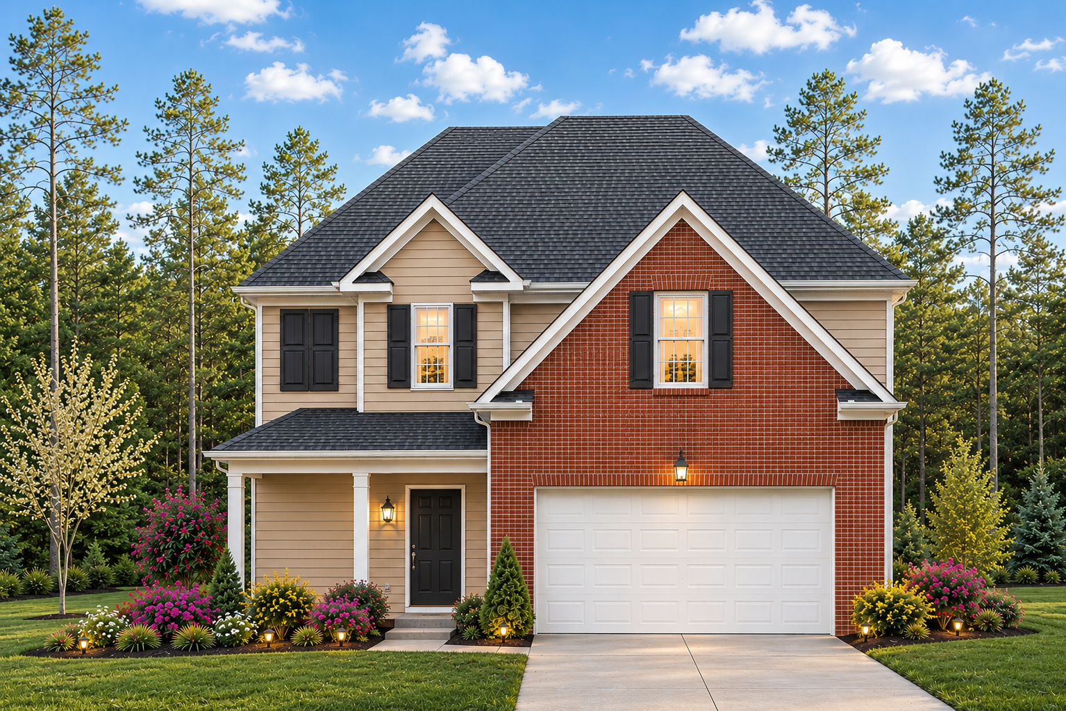 The 1767 two-story home with tan siding, red brick accents, and black shutters at dusk