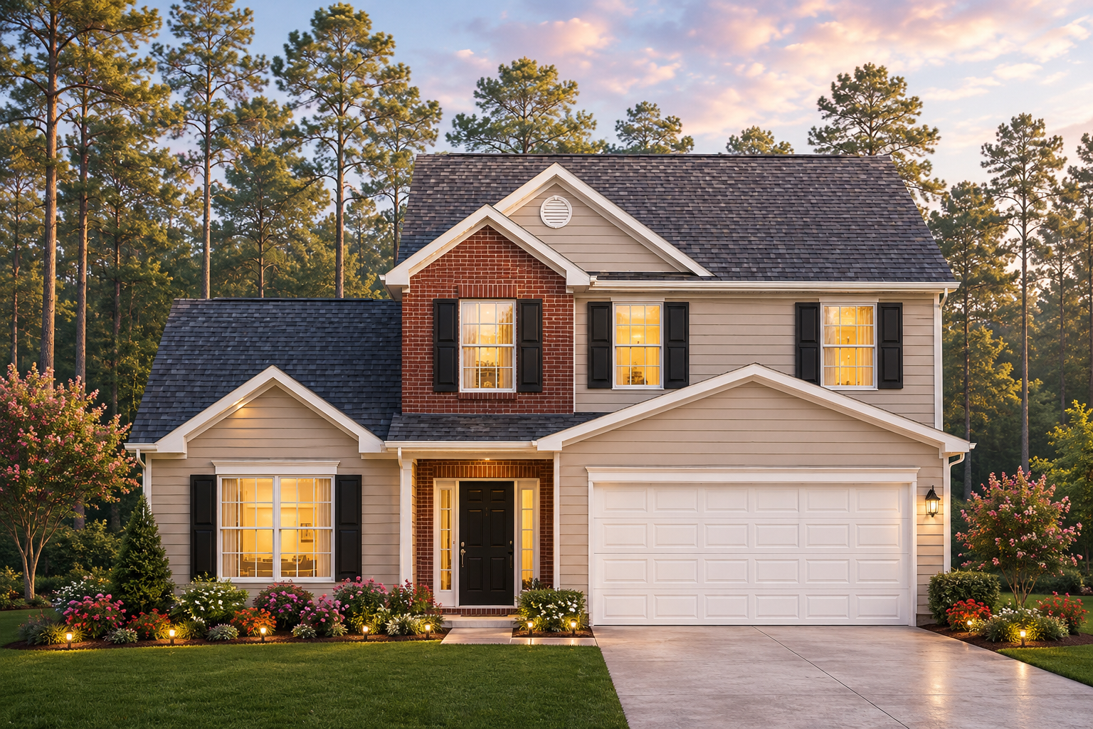 The 1760 two-story home with tan siding, brick accents, and black shutters at dusk