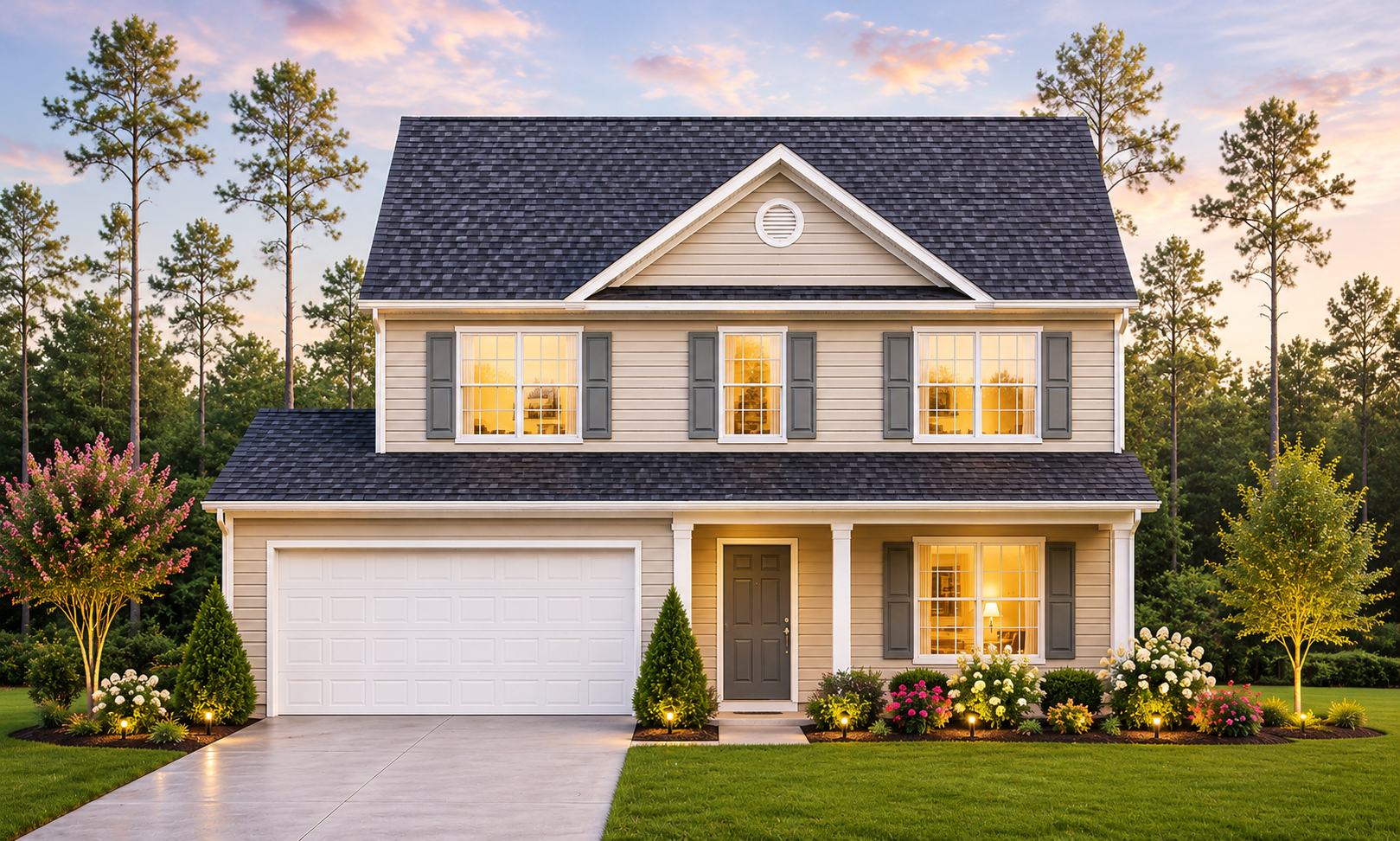 The 1715 two-story home with cream siding, gray shutters, and manicured landscaping at dusk