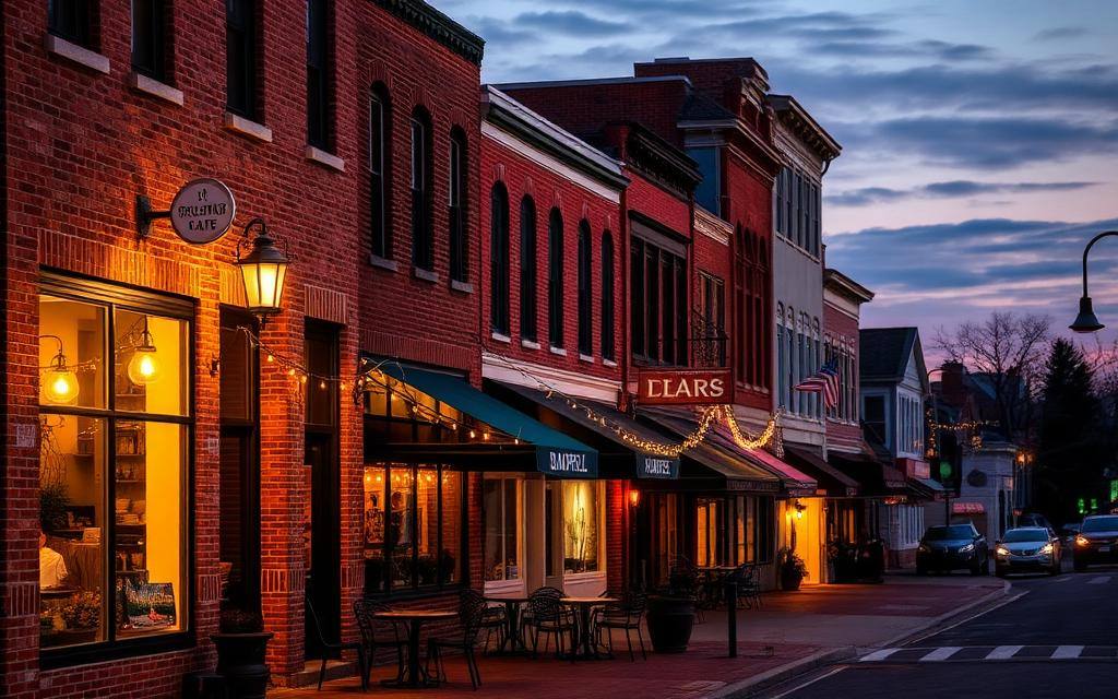 Historic downtown Madison-style brick storefronts at dusk with warm lit windows, string lights, and outdoor cafe tables