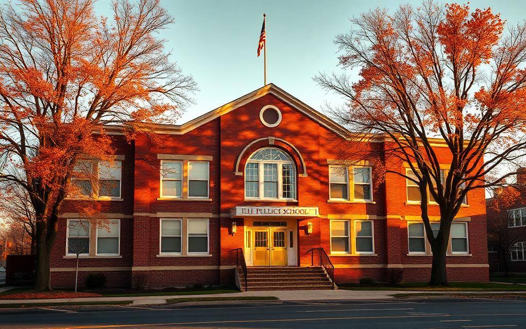 Historic brick public school building in a small North Carolina town at golden hour, flanked by autumn trees